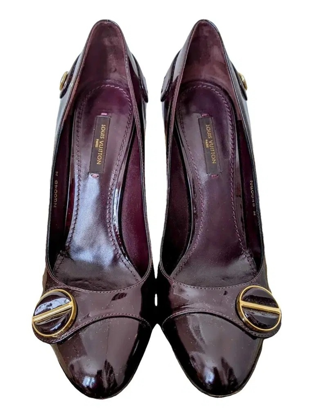 Louis Vuitton Patent Leather Burgundy Pumps with Gold Disc Detail